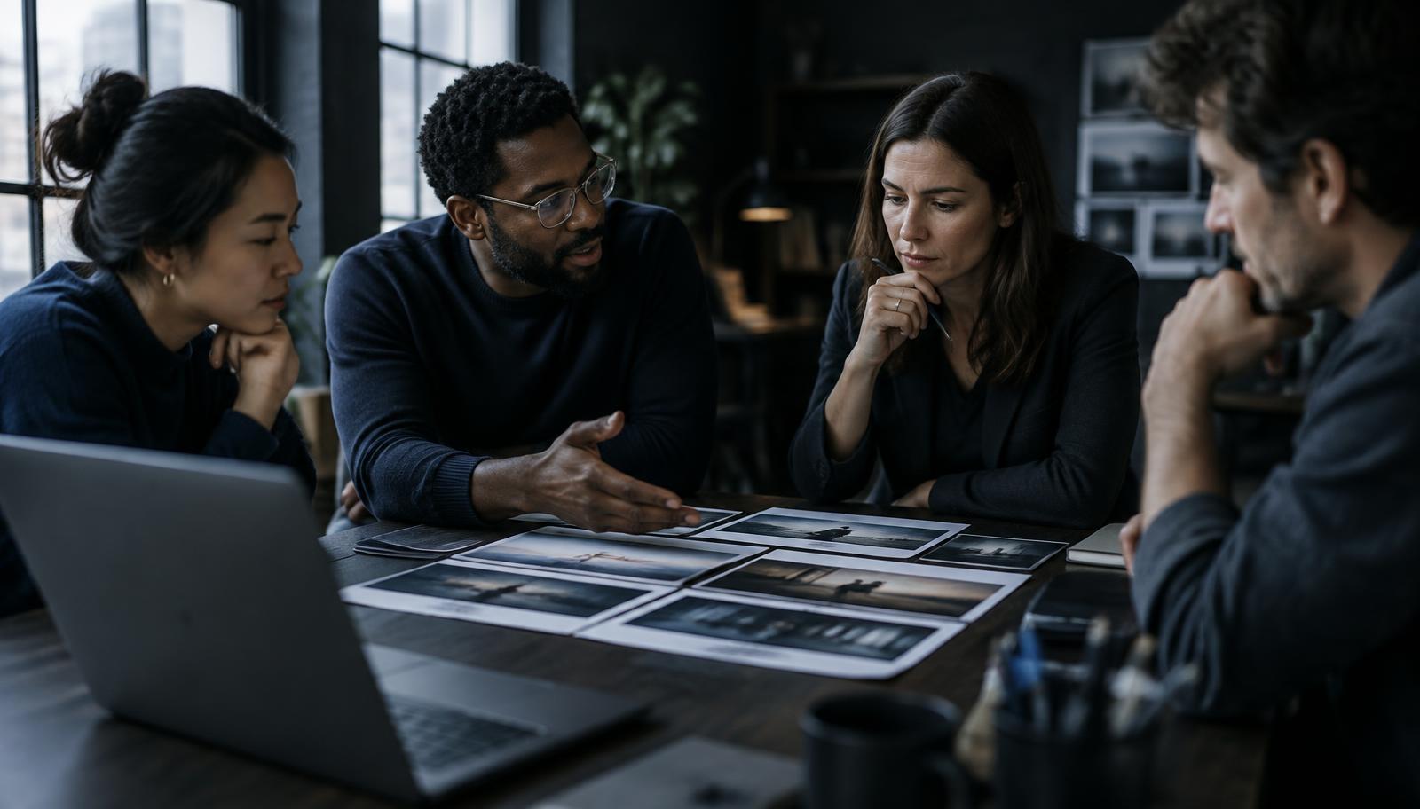 A working discussion around printed storyboards and a laptop