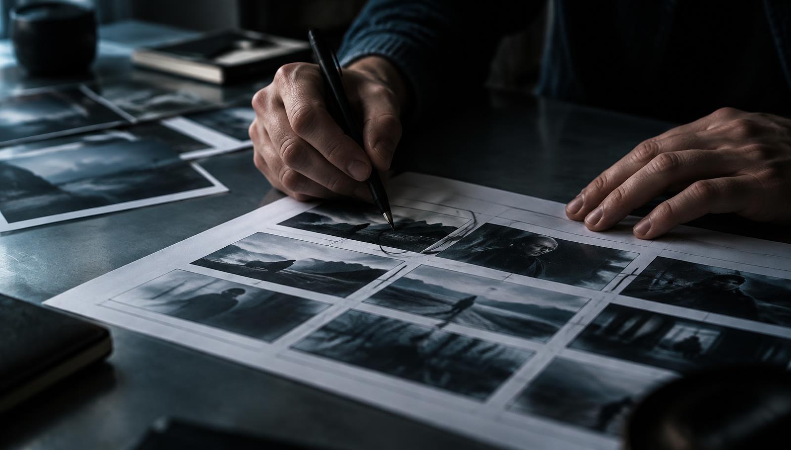 Hands marking printed storyboard frames with a pen
