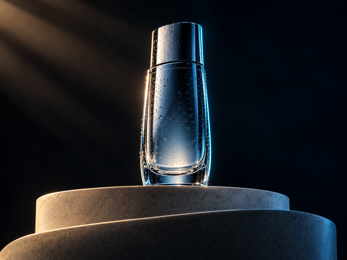 A product standing on a lit stone pedestal under studio lighting