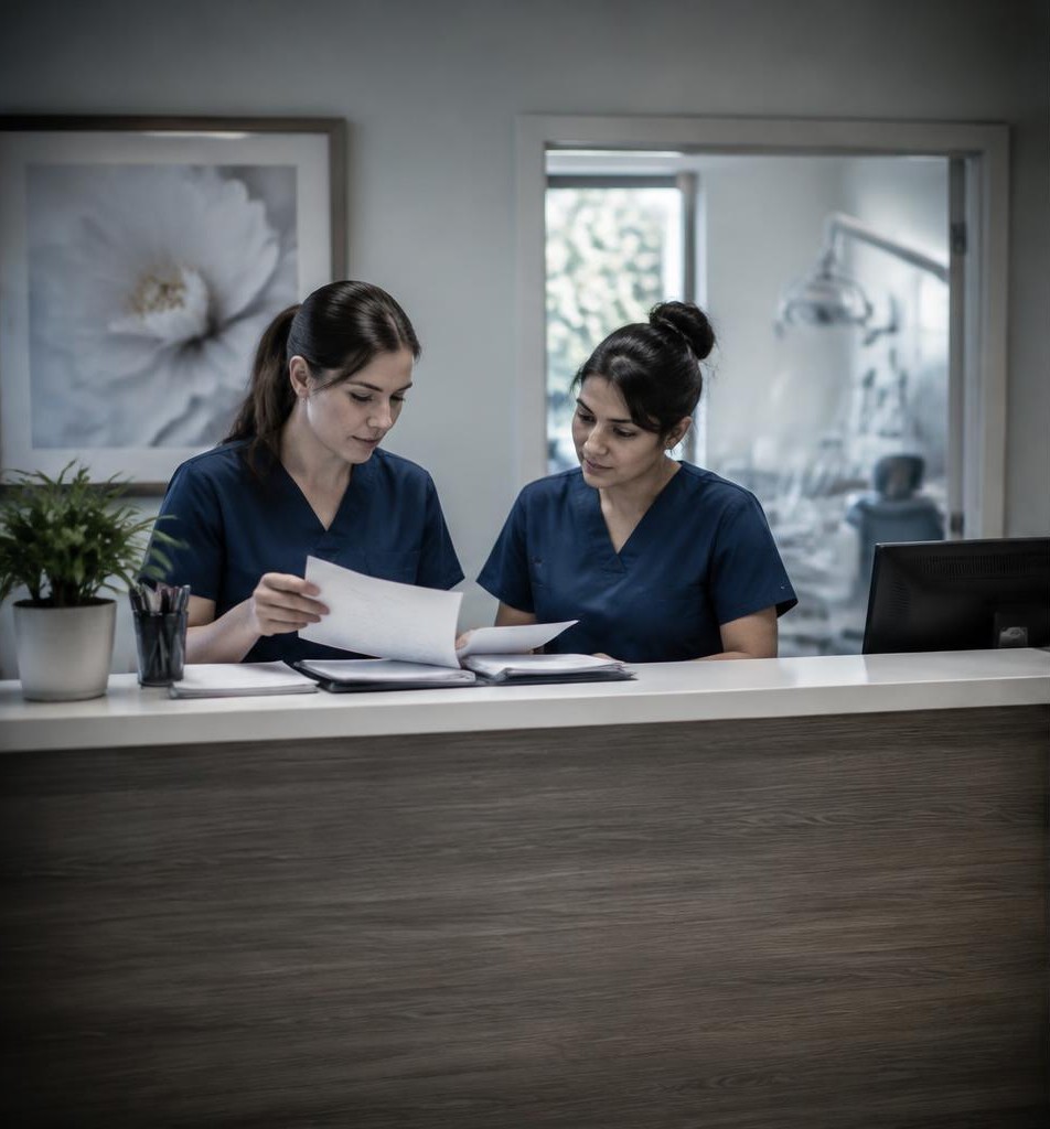 Dental practice reception staff reviewing paperwork at the front desk