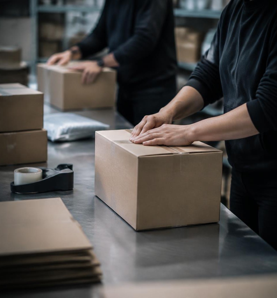 Staff packing plain boxes at a shipping table