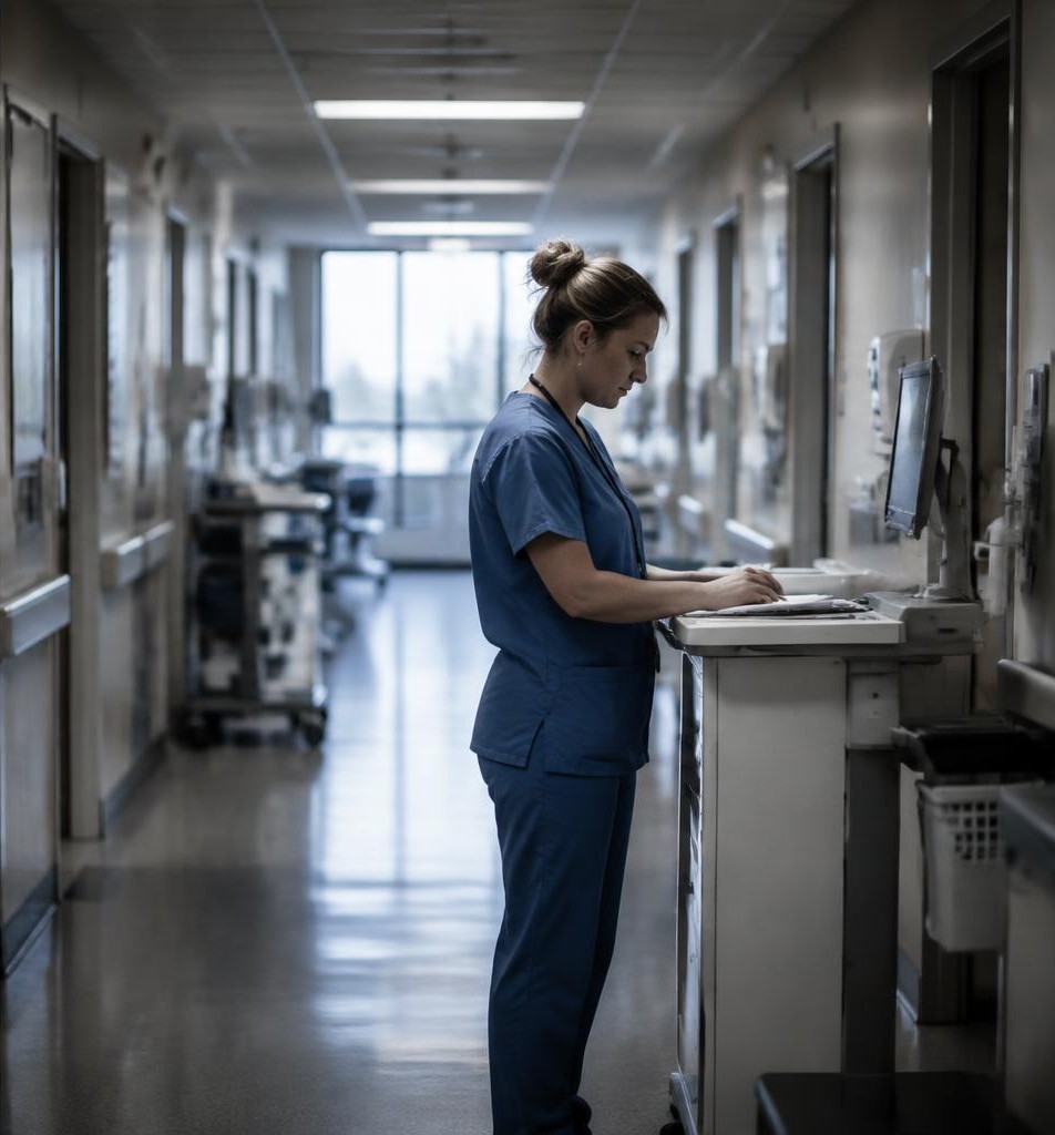 A nurse working at a station in a clinic corridor