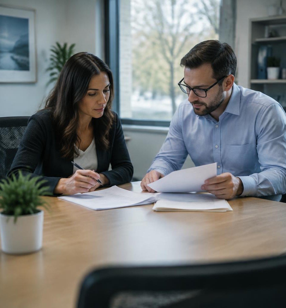 Insurance office colleagues preparing paperwork at a consultation table