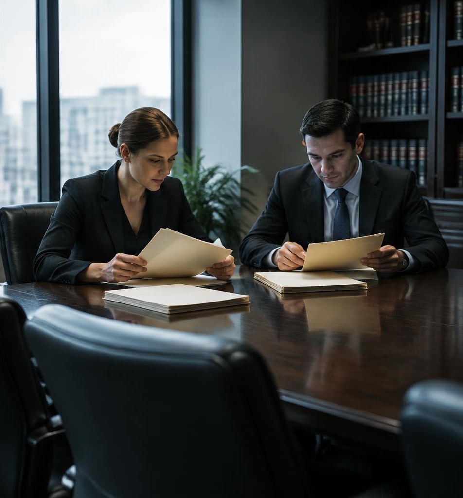 Legal office staff reviewing files at a conference table