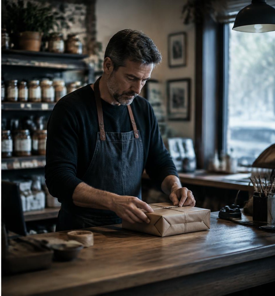 A shop owner preparing a parcel at a counter