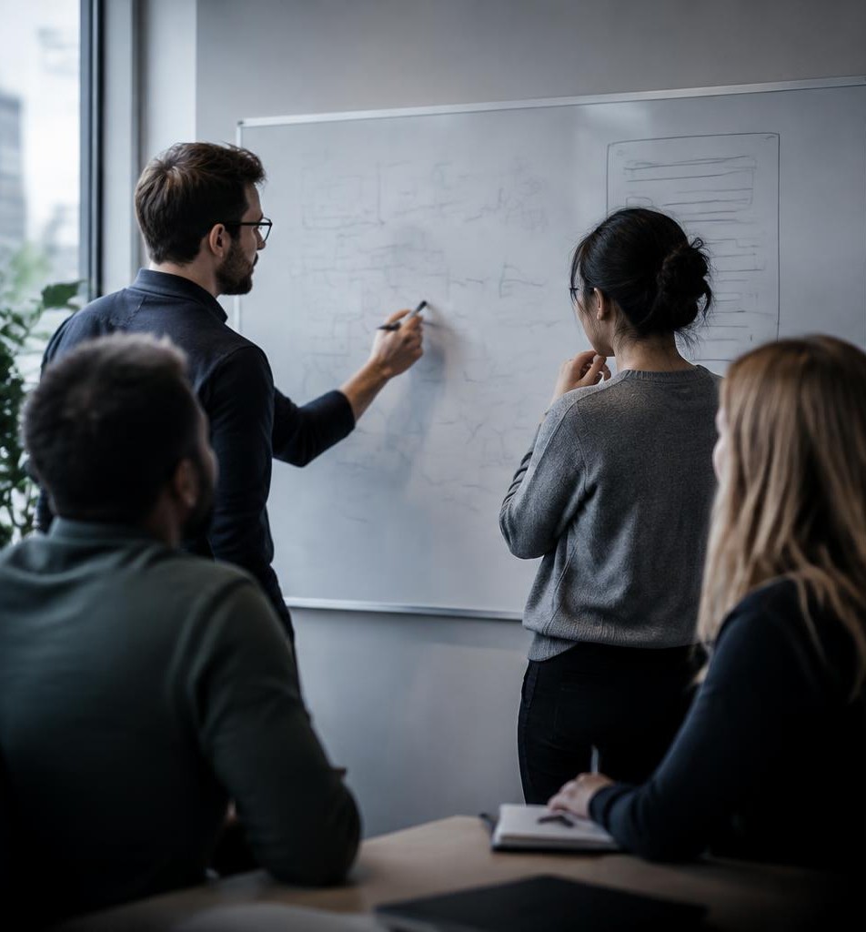 Consulting colleagues discussing ideas at a whiteboard