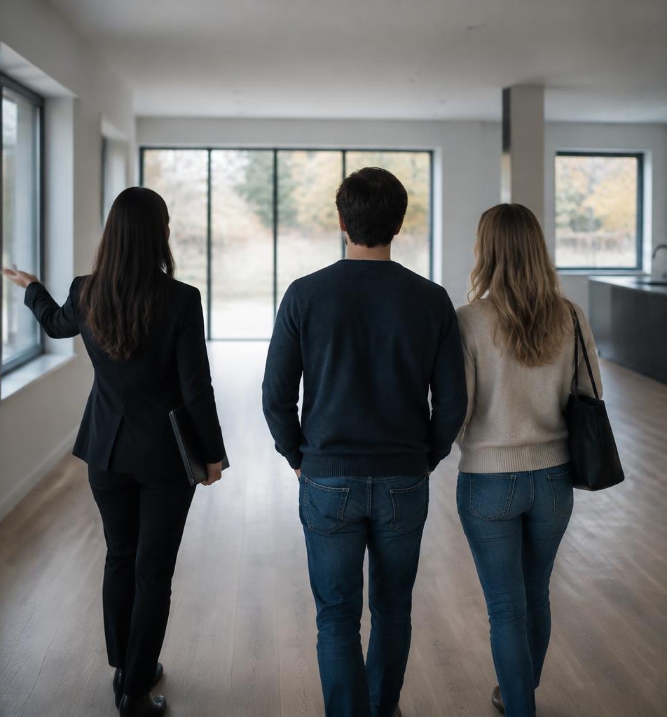 An open house host and visitors seen from behind in a property interior