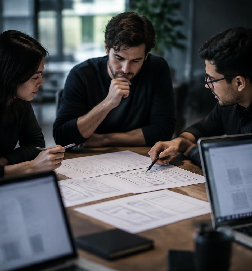 Product colleagues reviewing paper layouts at a design meeting