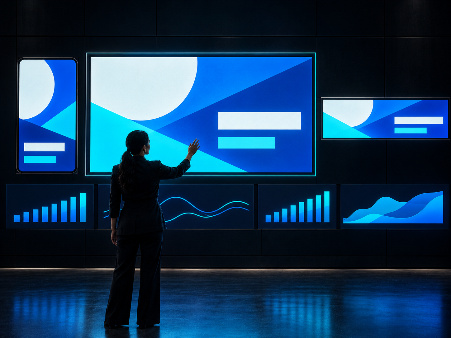 A strategist touching a large campaign layout on a wall of screens