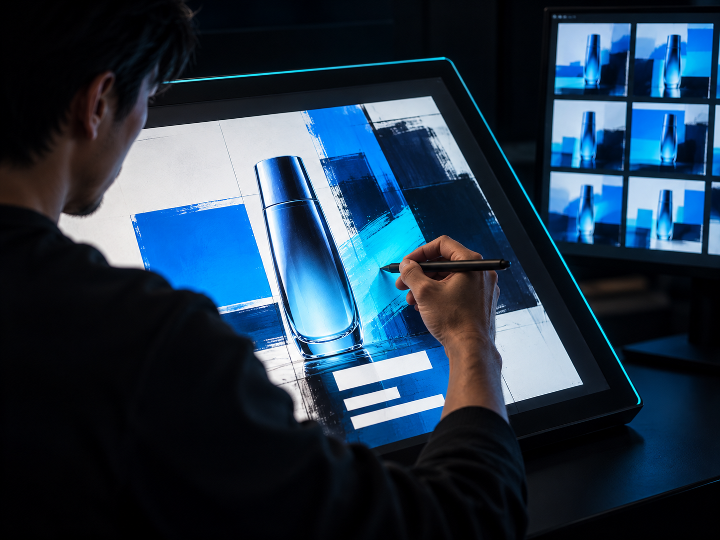 A designer drawing a product concept on a large pen display