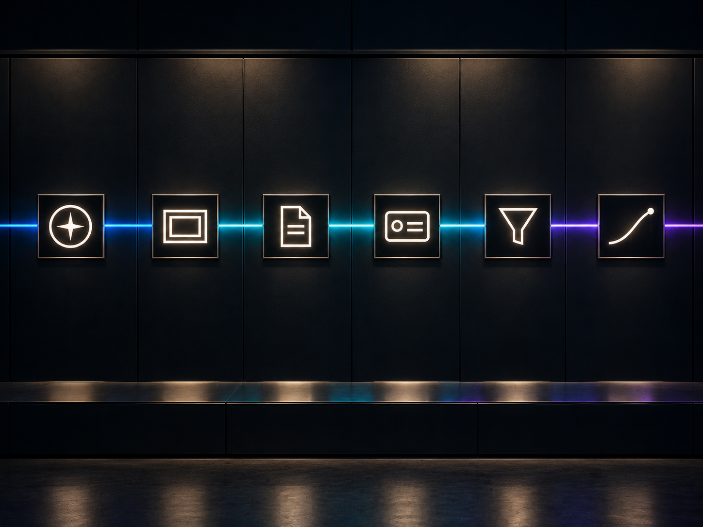 Six illuminated icons connected by a gradient line on a dark wall
