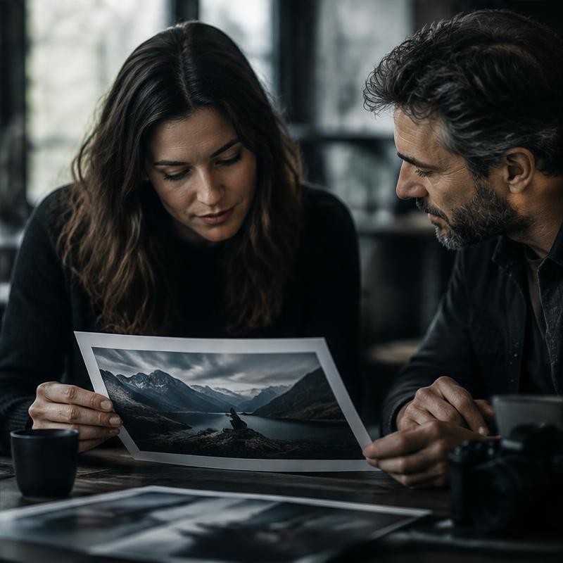 Two people reviewing a printed frame together