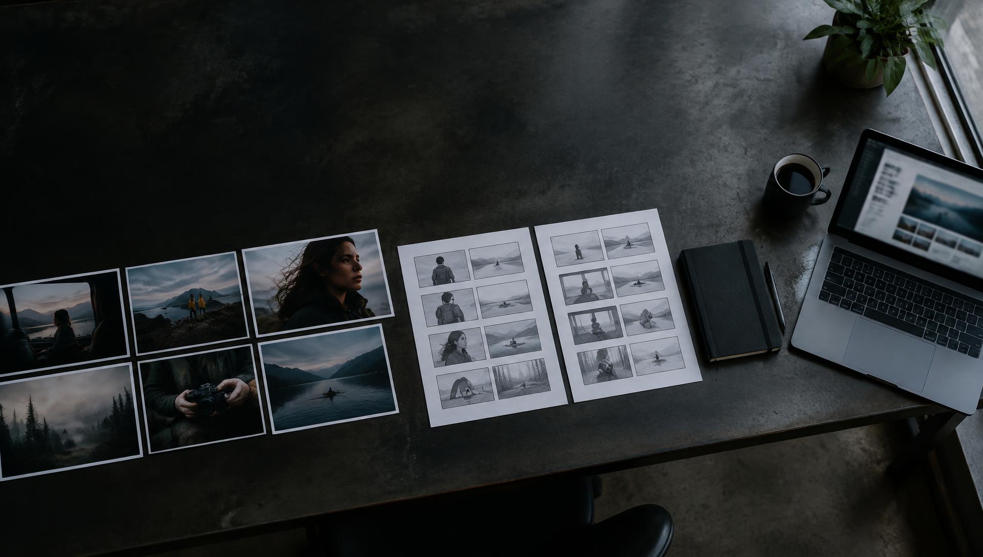 Campaign frames, storyboard, notebook and laptop arranged along a worktable